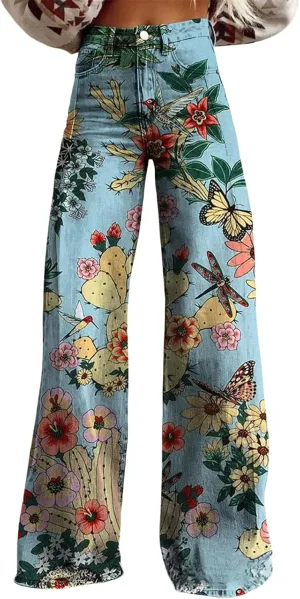 2025 Summer Vintage Baggy Imitate Jean for Woman, Floral Print Flare Imitation Jeans for Womens, Dark Wash Baggy Pants