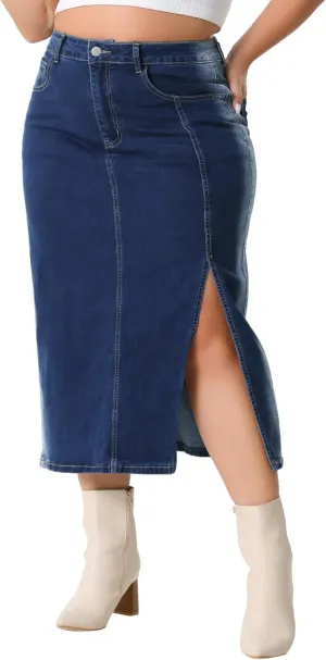 Agnes Orinda Plus Size Denim Skirt for Women High Waist Side Slit Button with Pocket Jean Denim Skirts