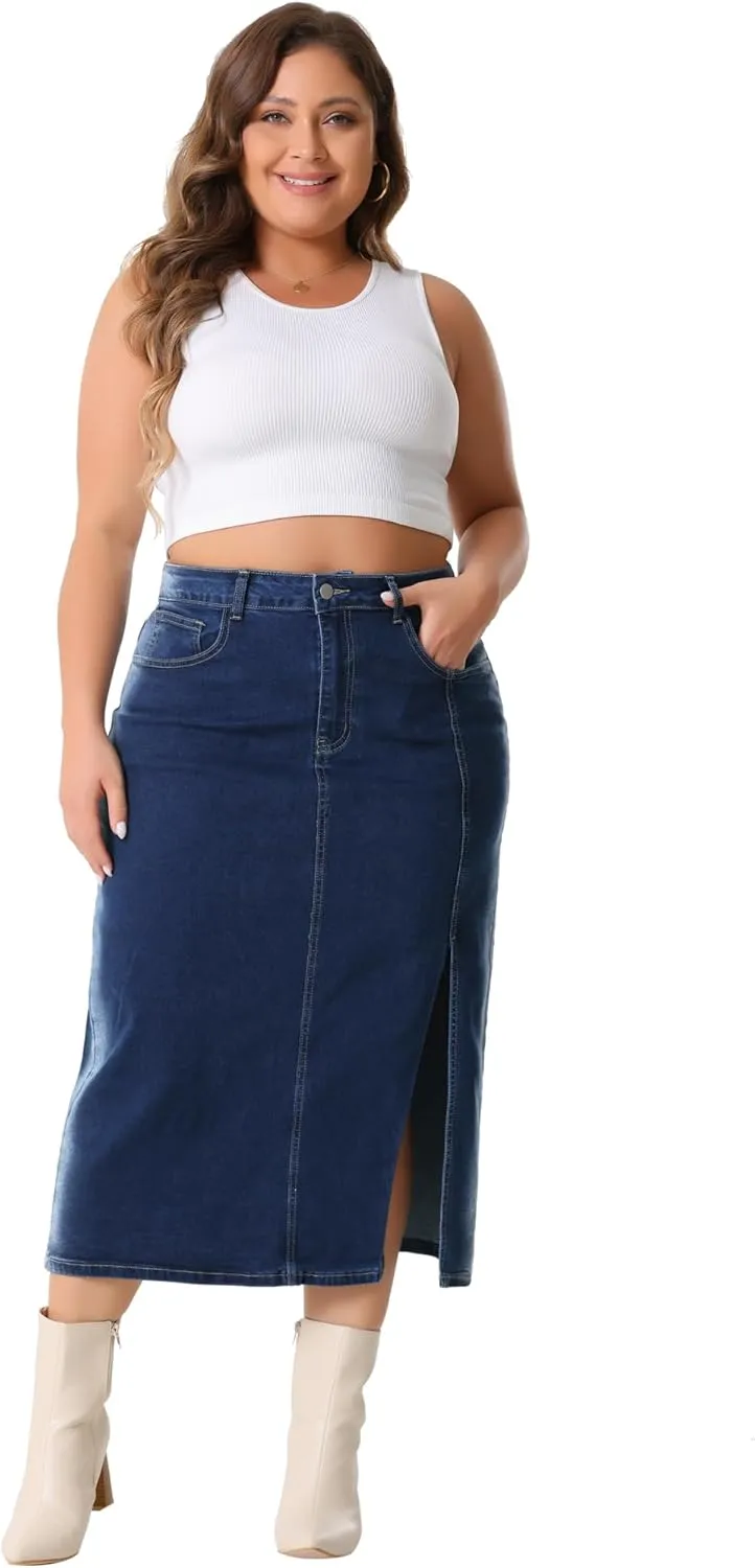 Agnes Orinda Plus Size Denim Skirt for Women High Waist Side Slit Button with Pocket Jean Denim Skirts