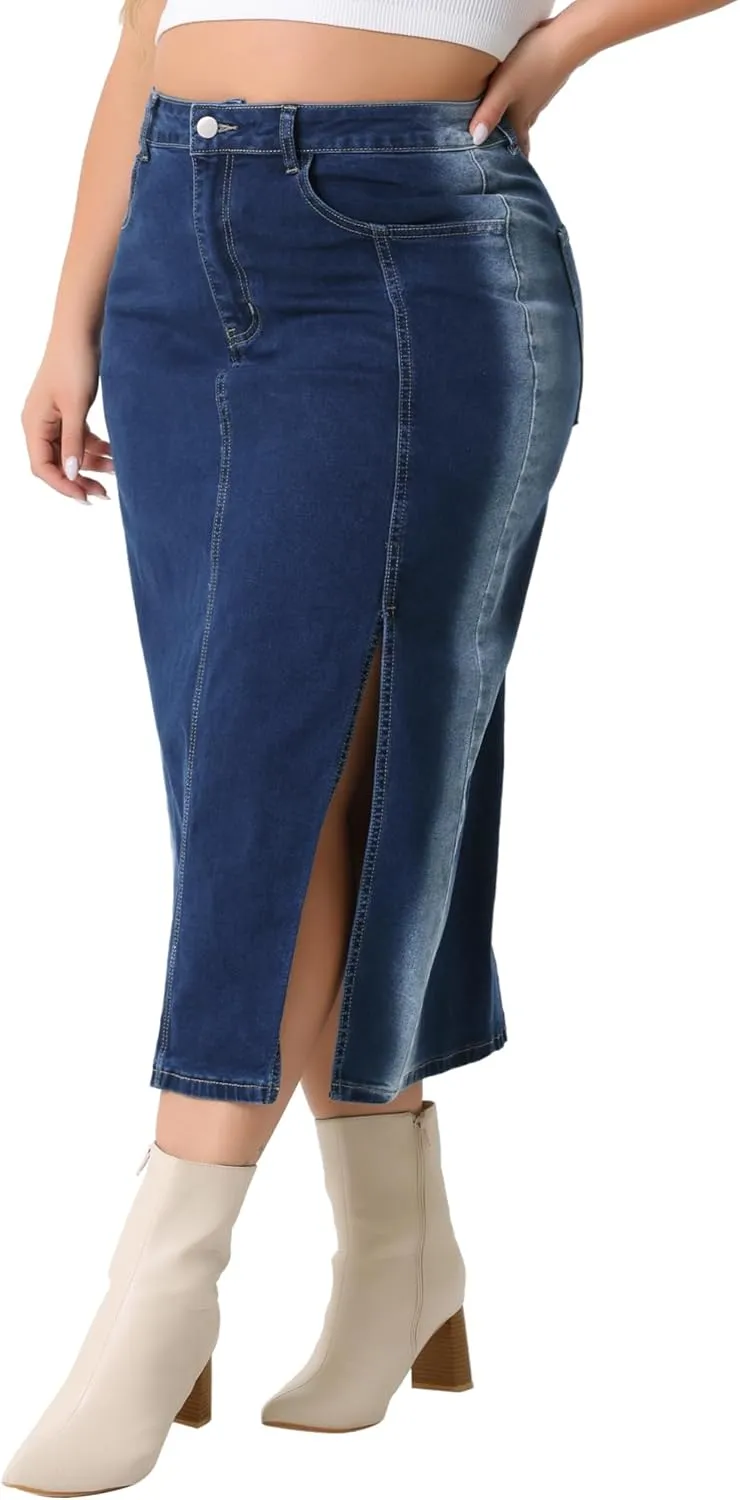 Agnes Orinda Plus Size Denim Skirt for Women High Waist Side Slit Button with Pocket Jean Denim Skirts