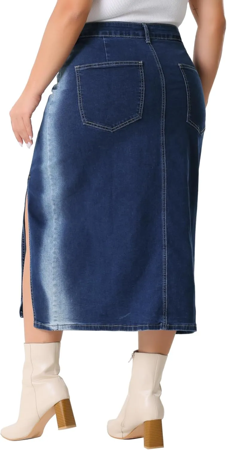 Agnes Orinda Plus Size Denim Skirt for Women High Waist Side Slit Button with Pocket Jean Denim Skirts