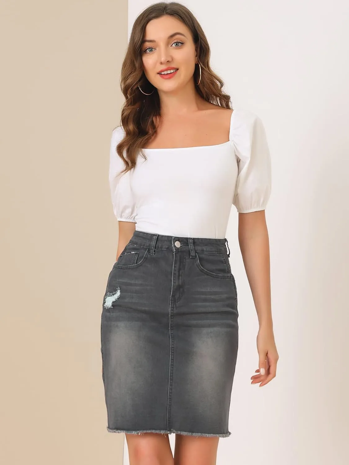 Allegra K Women's Basic Distressed High Waist Ripped Hem Washed Jeans Denim Skirt