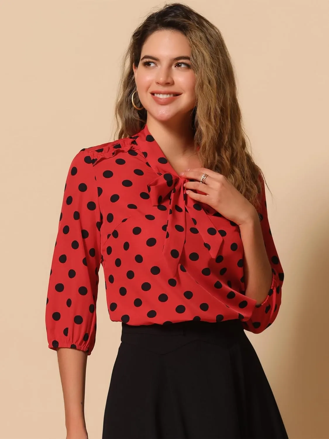 Allegra K Women's Printed Ruffle Shoulder Elastic Cuff Bow Tie Neck Blouse