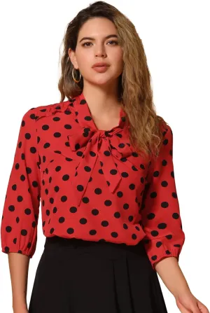 Allegra K Women's Printed Ruffle Shoulder Elastic Cuff Bow Tie Neck Blouse