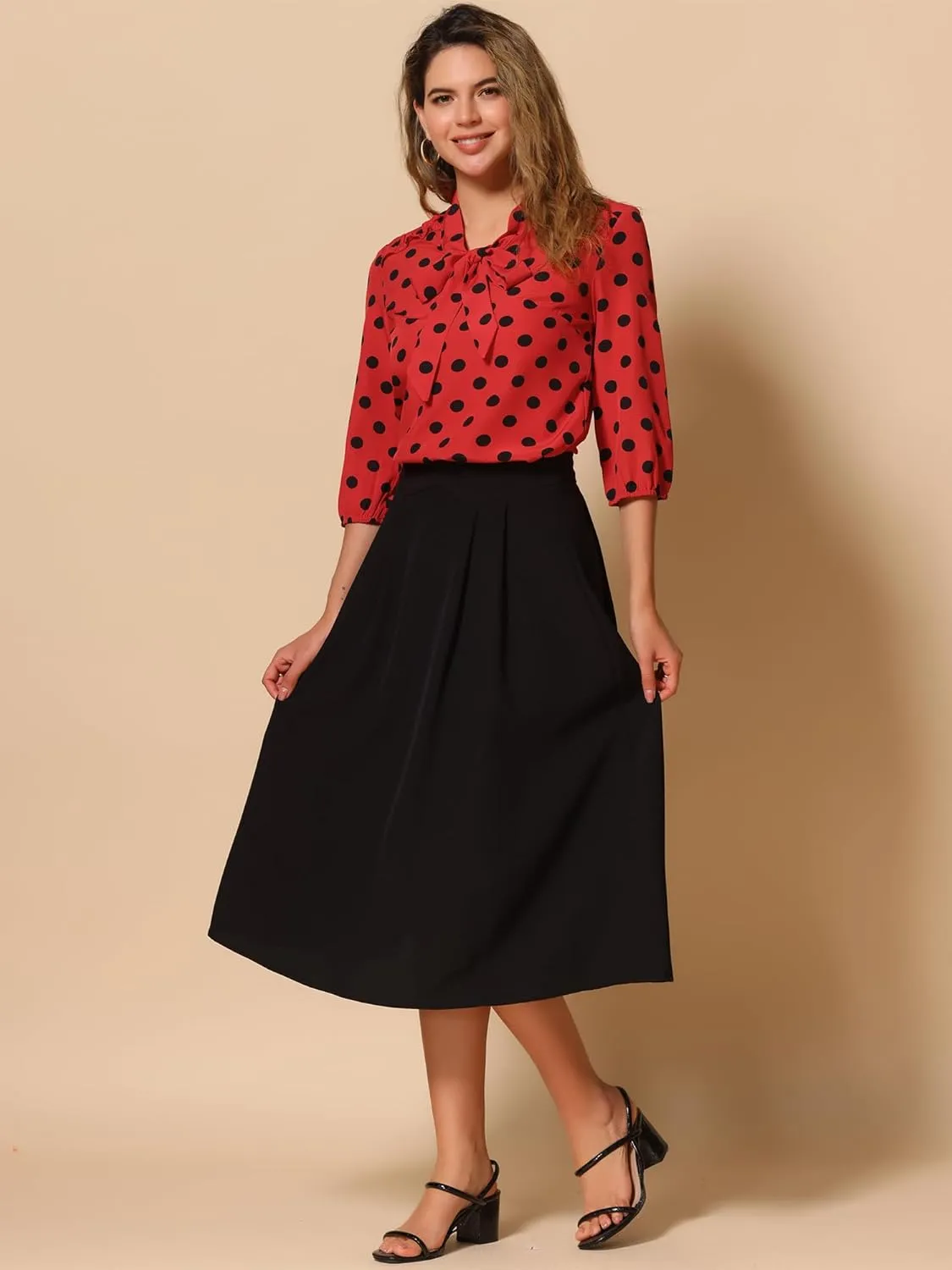 Allegra K Women's Printed Ruffle Shoulder Elastic Cuff Bow Tie Neck Blouse