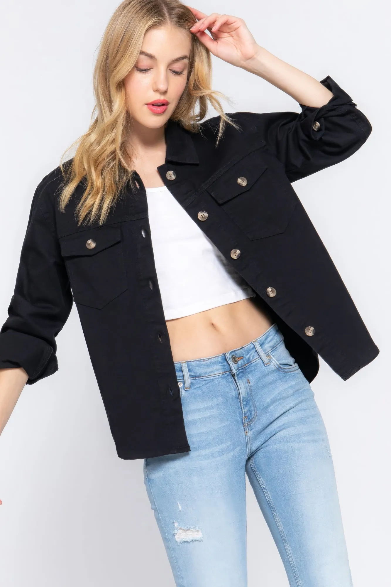 Button Down Cotton Denim Shacket for Women