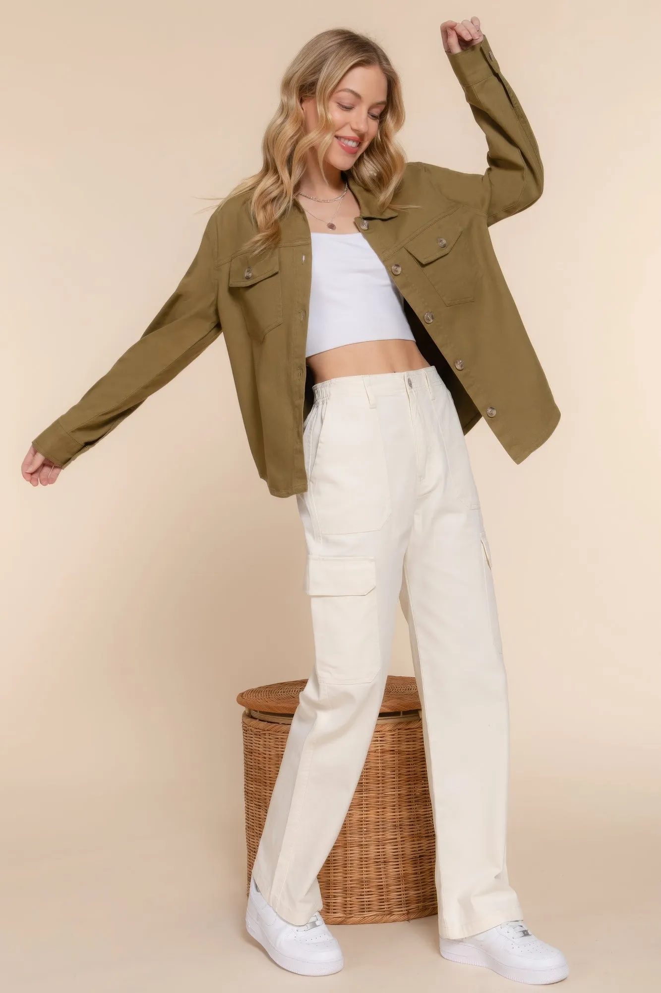 Button Down Cotton Denim Shacket for Women