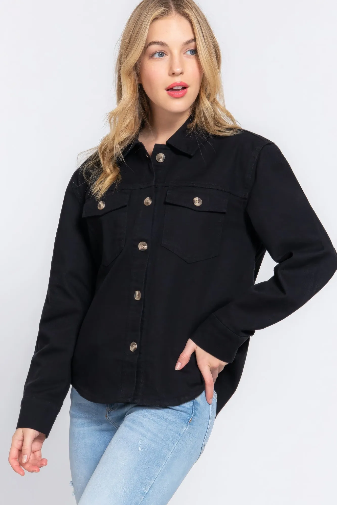 Button Down Cotton Denim Shacket for Women