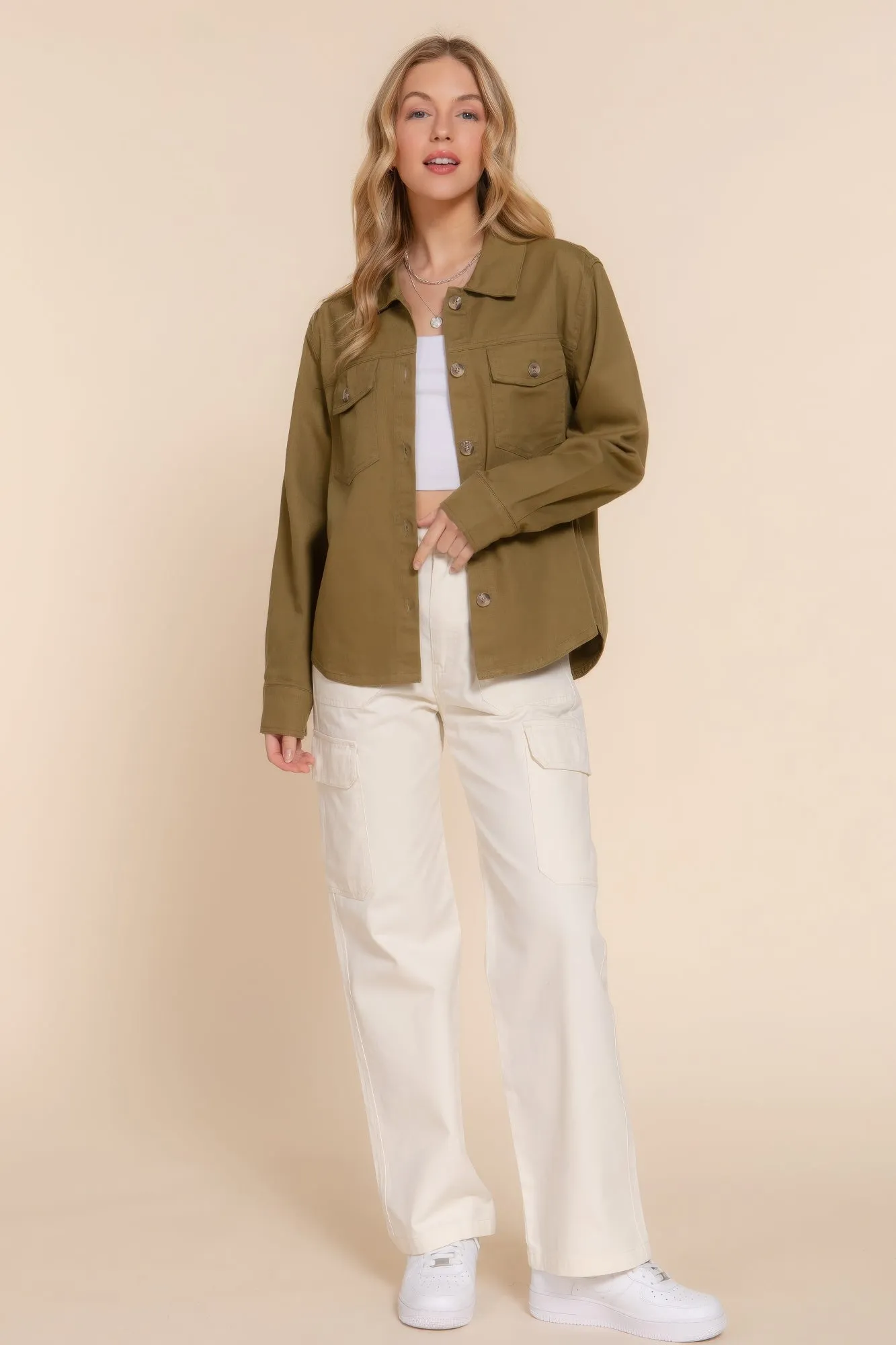 Button Down Cotton Denim Shacket for Women