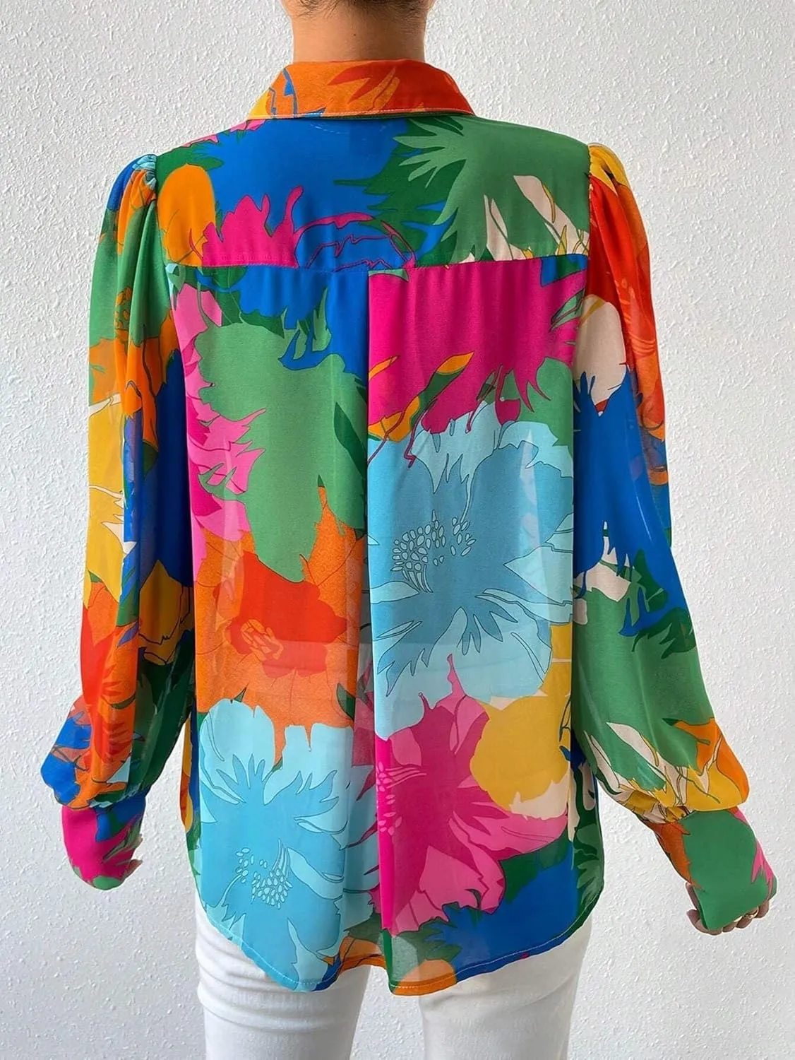 Button Down Shirts for Women Dressy Lantern Long Sleeve Blouses Printed Casual Loose Colorful Blouse Work Tops