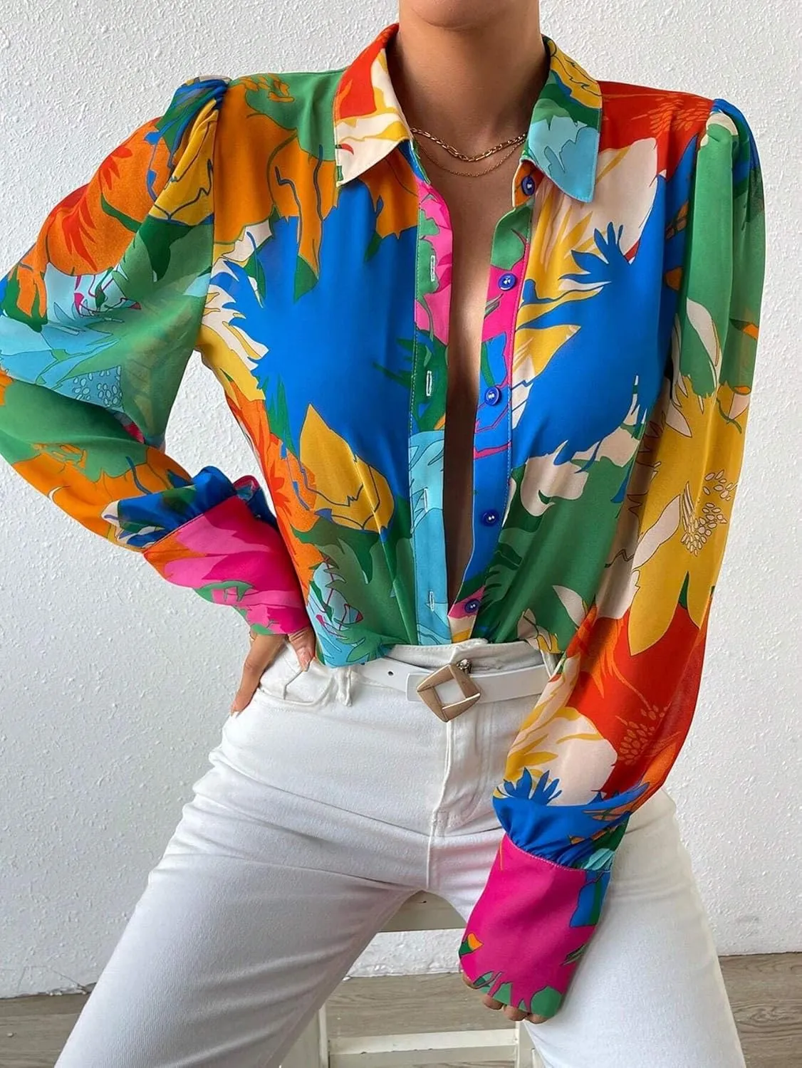 Button Down Shirts for Women Dressy Lantern Long Sleeve Blouses Printed Casual Loose Colorful Blouse Work Tops
