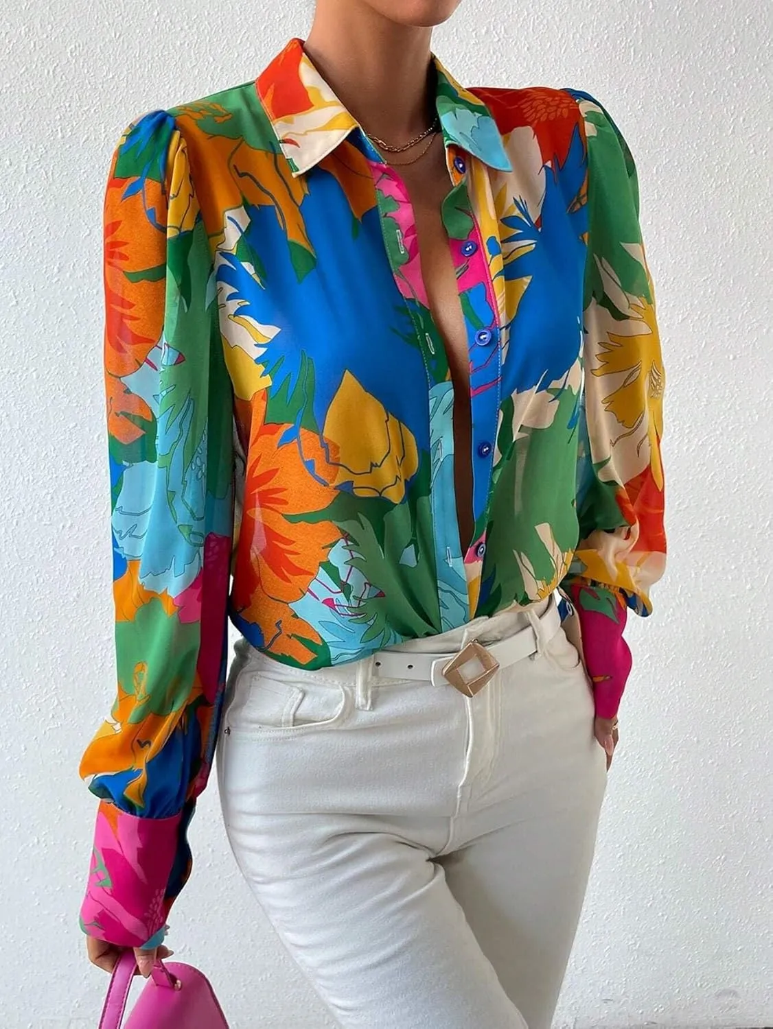 Button Down Shirts for Women Dressy Lantern Long Sleeve Blouses Printed Casual Loose Colorful Blouse Work Tops