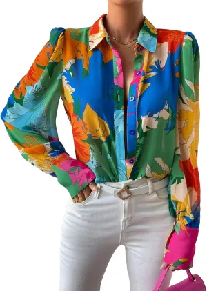 Button Down Shirts for Women Dressy Lantern Long Sleeve Blouses Printed Casual Loose Colorful Blouse Work Tops