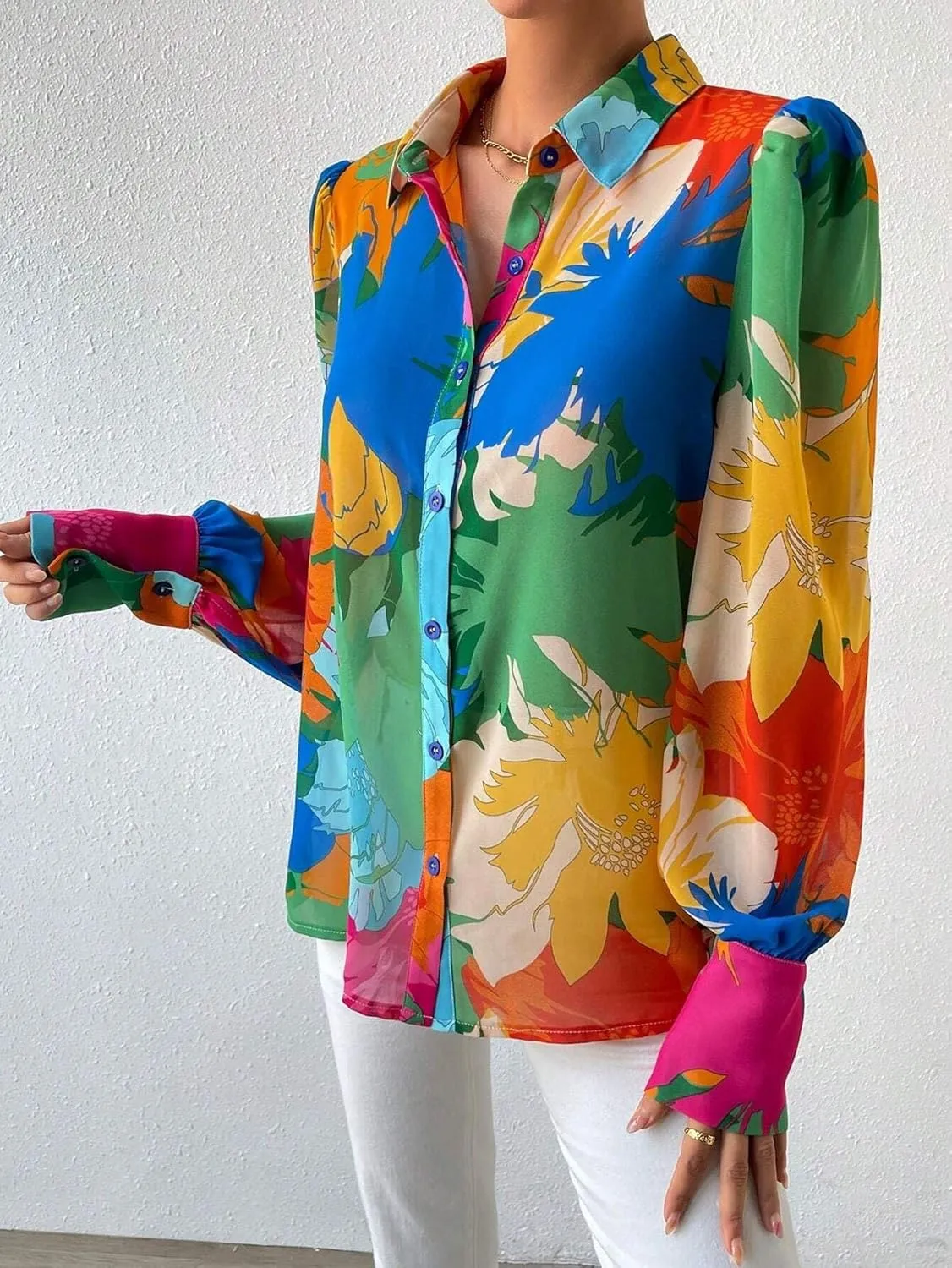 Button Down Shirts for Women Dressy Lantern Long Sleeve Blouses Printed Casual Loose Colorful Blouse Work Tops