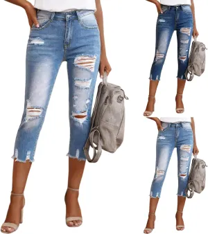 Capri Jeans for Women High Waisted Ripped Stretchy Slim Fit Skinny Jeans Summer Crop Denim Capris Pants with Pockets