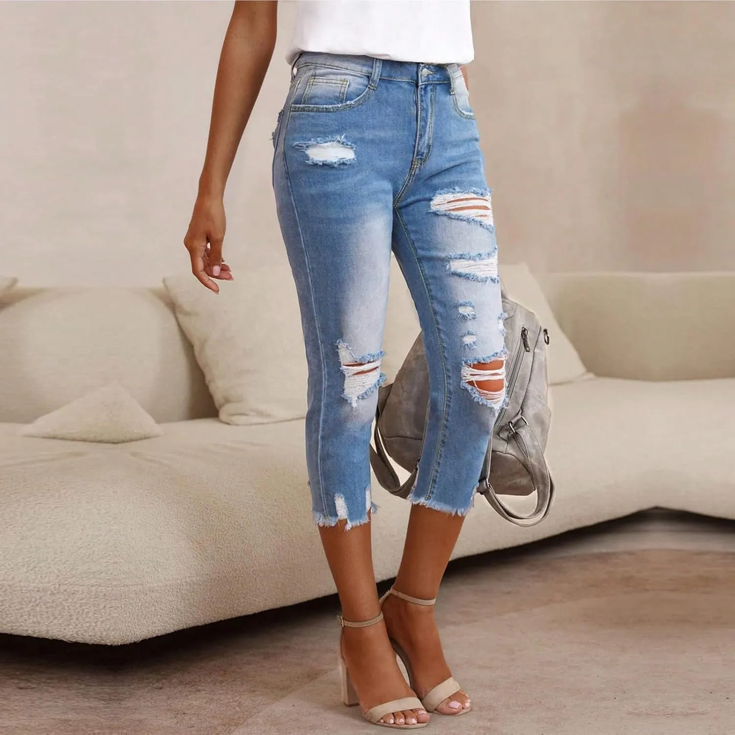 Capri Jeans for Women High Waisted Ripped Stretchy Slim Fit Skinny Jeans Summer Crop Denim Capris Pants with Pockets