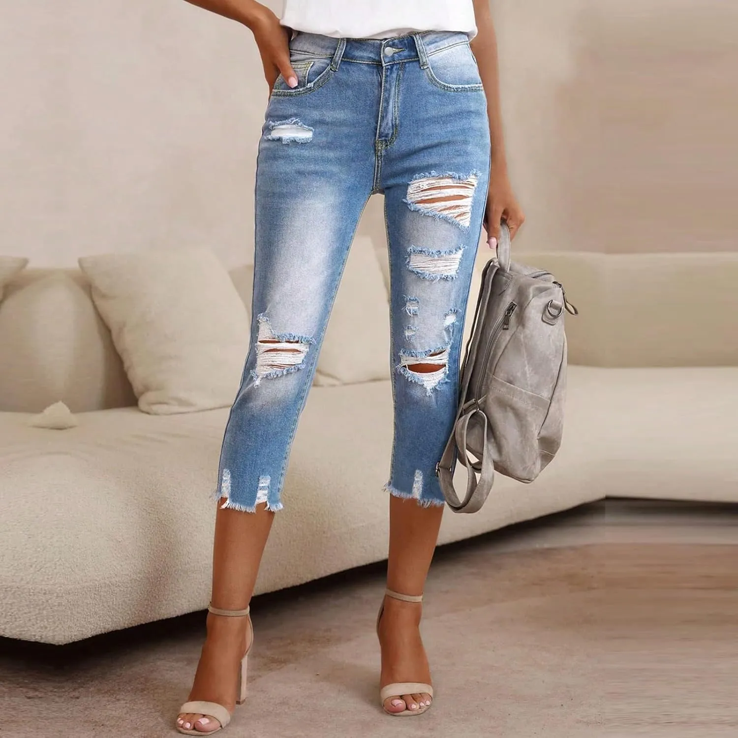 Capri Jeans for Women High Waisted Ripped Stretchy Slim Fit Skinny Jeans Summer Crop Denim Capris Pants with Pockets