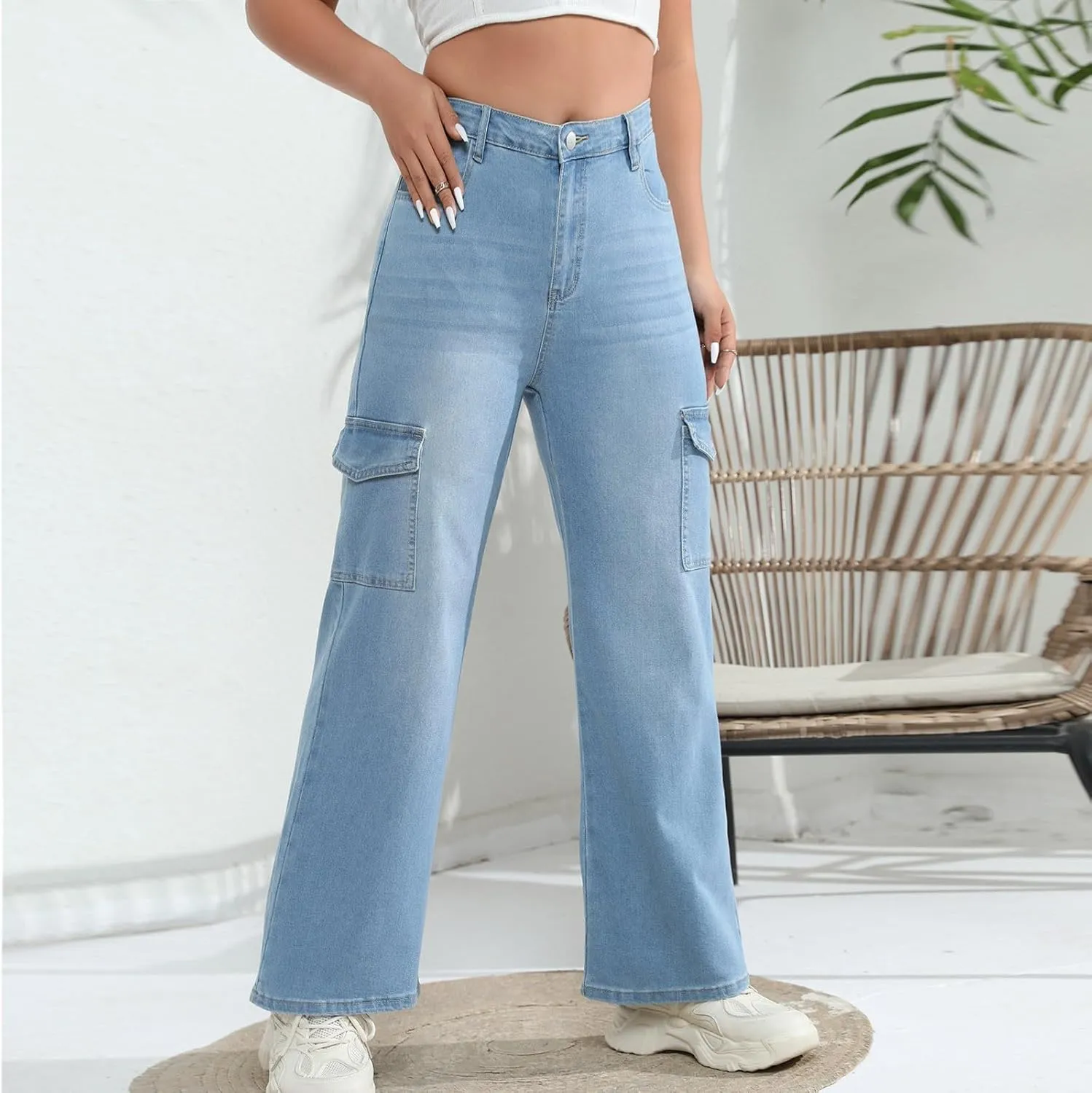 Cargo Jeans for Women Baggy High Waisted Denim Pants Stretch Wide Leg Mom Boyfriend Jean Cowgirl Outfits with Multi Pockets