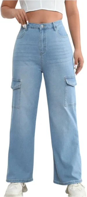 Cargo Jeans for Women Baggy High Waisted Denim Pants Stretch Wide Leg Mom Boyfriend Jean Cowgirl Outfits with Multi Pockets