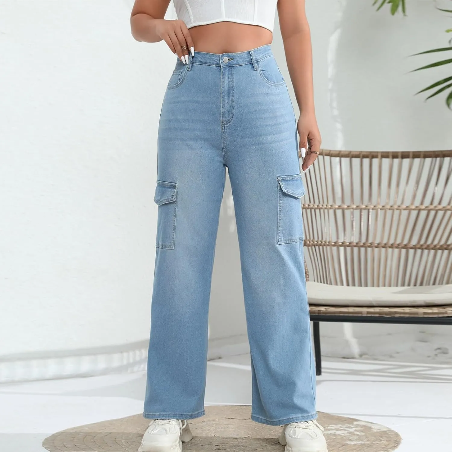 Cargo Jeans for Women Baggy High Waisted Denim Pants Stretch Wide Leg Mom Boyfriend Jean Cowgirl Outfits with Multi Pockets