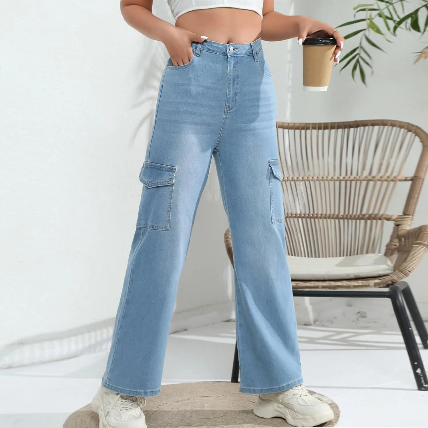 Cargo Jeans for Women Baggy High Waisted Denim Pants Stretch Wide Leg Mom Boyfriend Jean Cowgirl Outfits with Multi Pockets