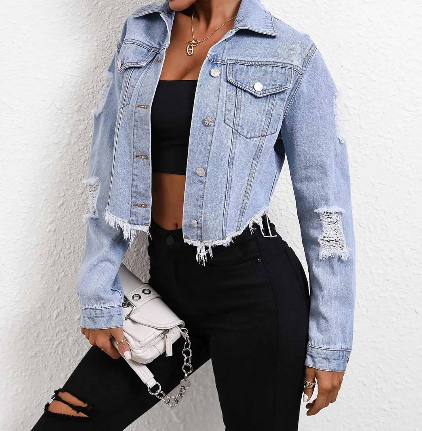 cffvdiz Women's Distressed Ripped Cropped Denim Jacket Casual Long Sleeve Frayed Hem Short Denim Coat