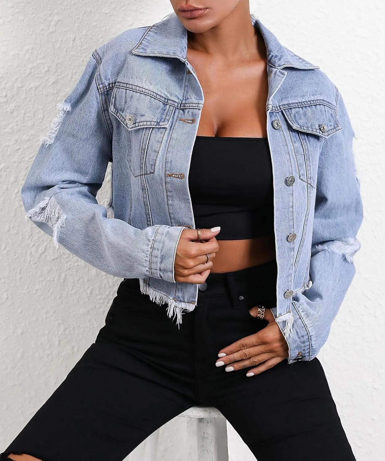 cffvdiz Women's Distressed Ripped Cropped Denim Jacket Casual Long Sleeve Frayed Hem Short Denim Coat