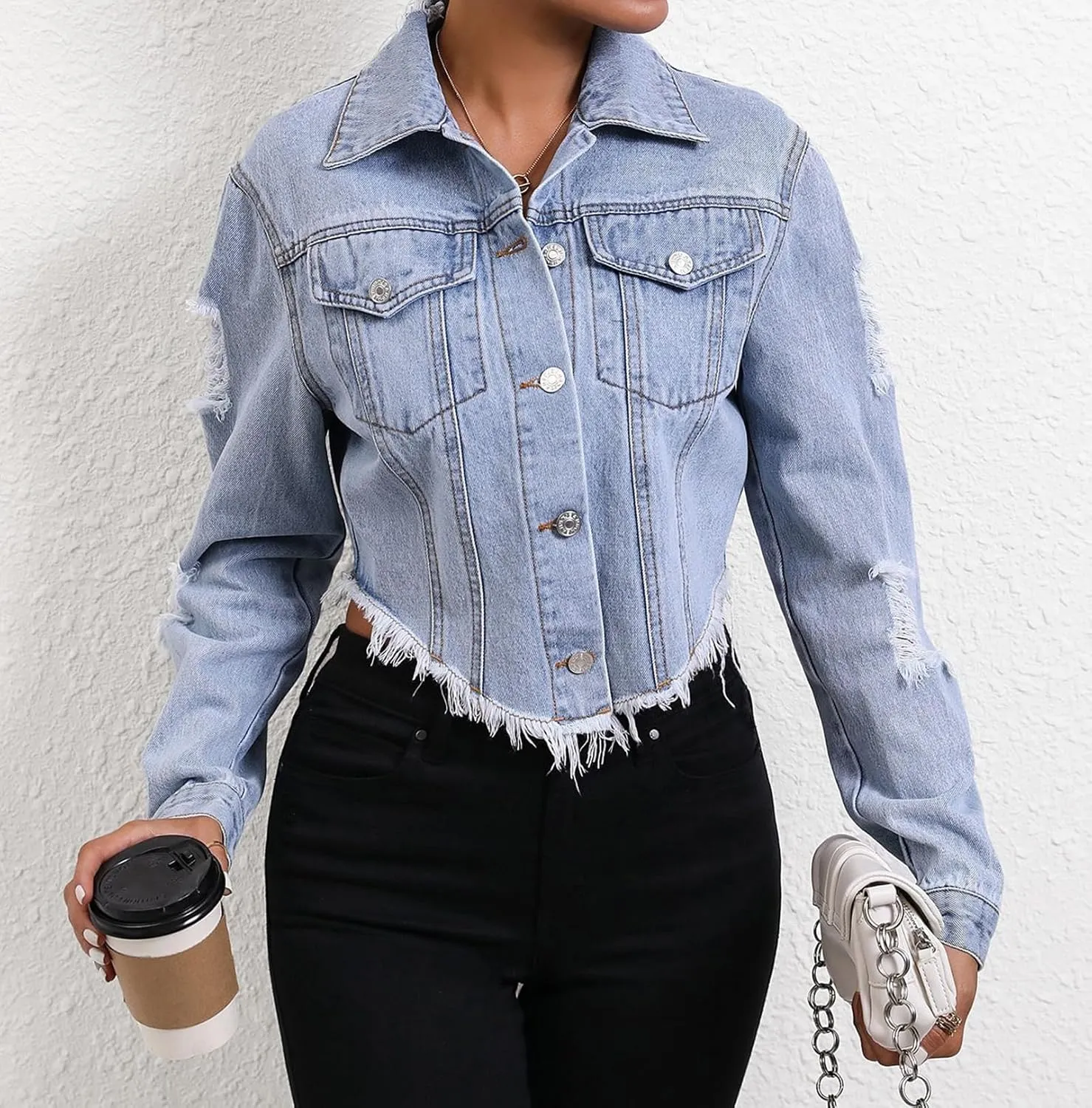 cffvdiz Women's Distressed Ripped Cropped Denim Jacket Casual Long Sleeve Frayed Hem Short Denim Coat