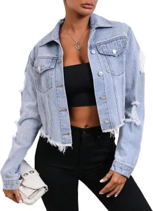 cffvdiz Women's Distressed Ripped Cropped Denim Jacket Casual Long Sleeve Frayed Hem Short Denim Coat