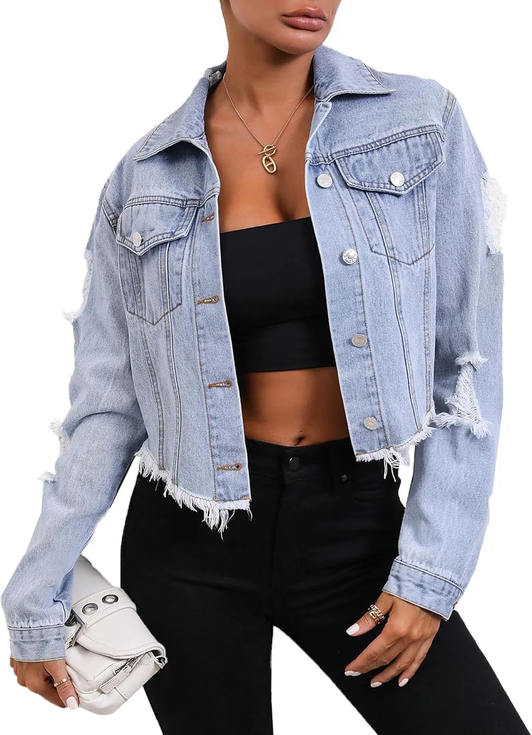 cffvdiz Women's Distressed Ripped Cropped Denim Jacket Casual Long Sleeve Frayed Hem Short Denim Coat