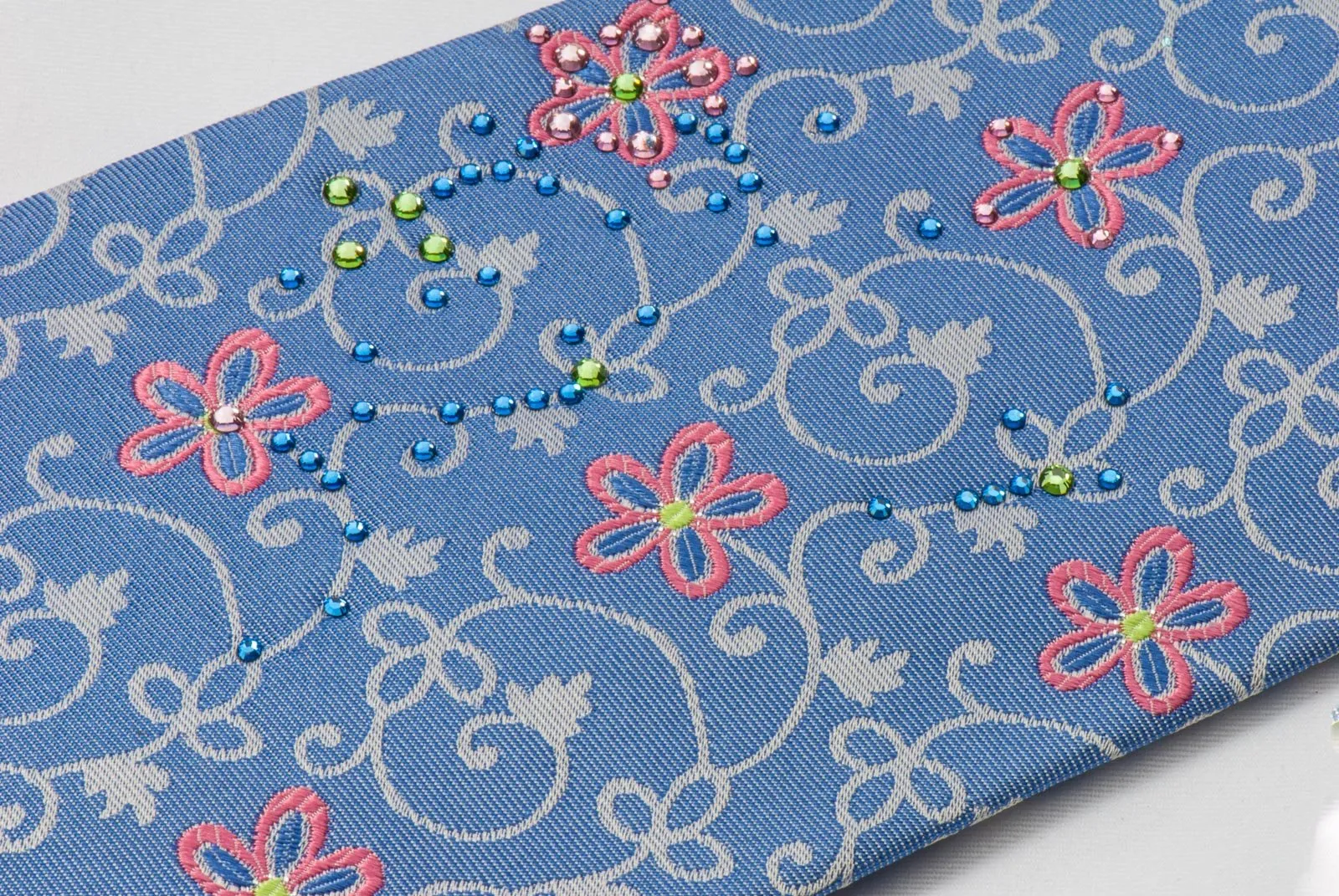 Christian Aujard Men's Woven Silk Necktie Floral On Blue  With Rhinestones