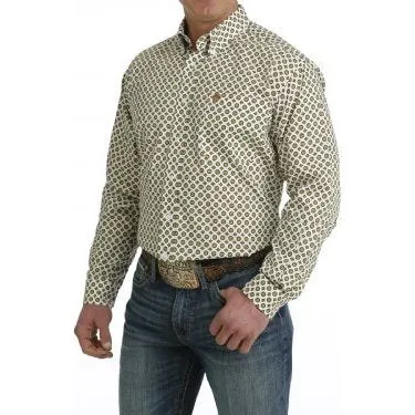 Cinch MEN'S MEDALLION PRINT BUTTON-DOWN LONG SLEEVE WESTERN SHIRT - WHITE / GOLD / GREEN