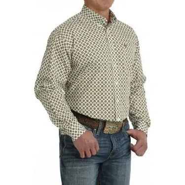 Cinch MEN'S MEDALLION PRINT BUTTON-DOWN LONG SLEEVE WESTERN SHIRT - WHITE / GOLD / GREEN