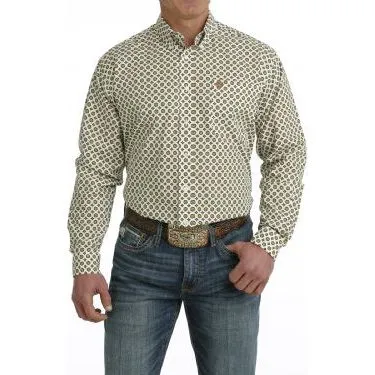 Cinch MEN'S MEDALLION PRINT BUTTON-DOWN LONG SLEEVE WESTERN SHIRT - WHITE / GOLD / GREEN