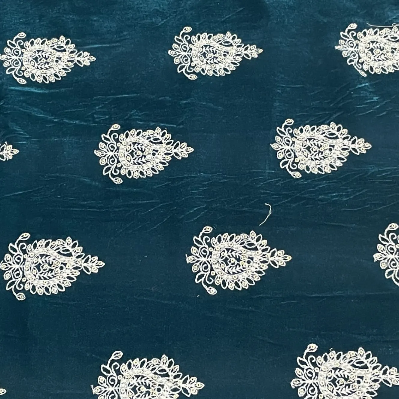 Classic Teal Blue Paisley Sequins Embroidery Velvet Fabric