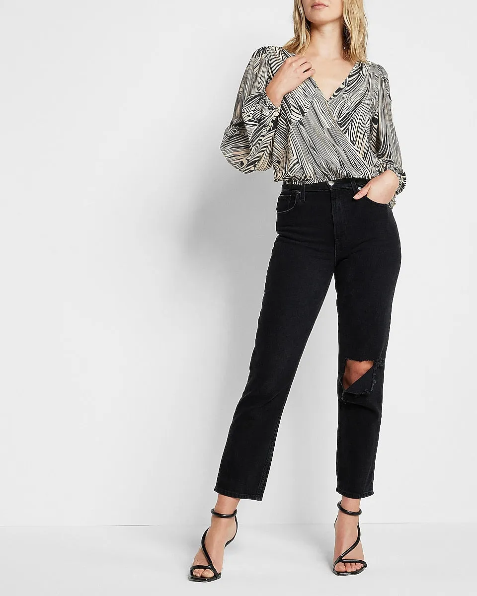 Conscious Edit Printed Satin Faux Wrap Front Open Back Top in Metallic Black