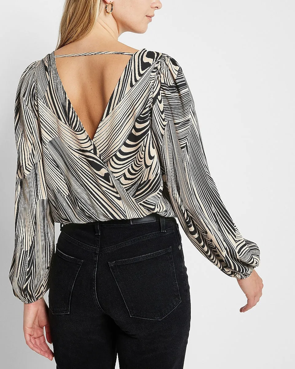 Conscious Edit Printed Satin Faux Wrap Front Open Back Top in Metallic Black