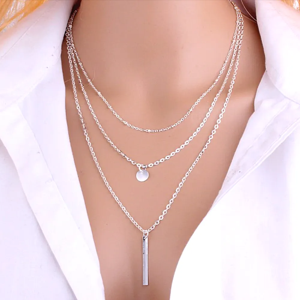 Delicately Layered White Gold Bead Three Chain Necklace for Woman