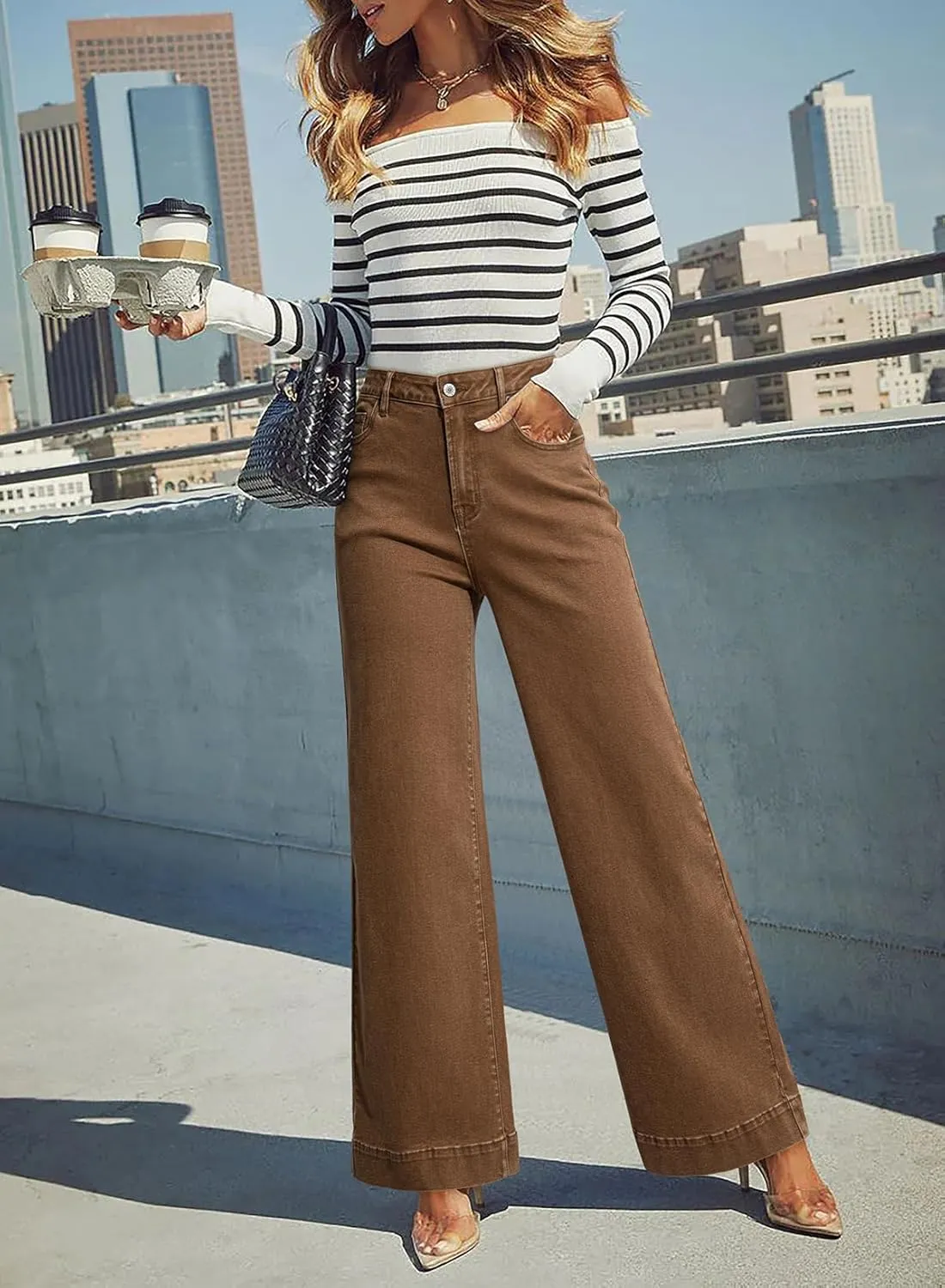 Dokotoo Women's Casual High Waisted Jeans Stretch Wide Leg Loose Denim Pants with Pockets