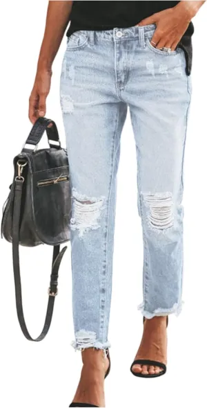 fanmpghleoo Ripped Jeans Womens Stretchy Slim Fit Distressed Straight Leg Jeans Lightweight Casual Trendy Denim Cropped Pants