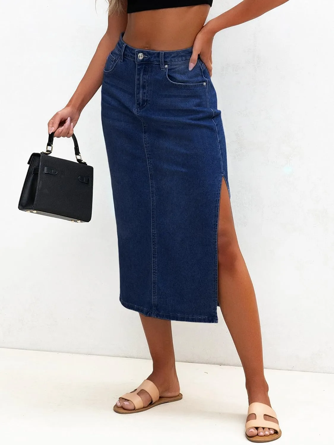Genleck Women Denim Maxi Skirt Casual High Waist Jean Skirts with Side Split 2025