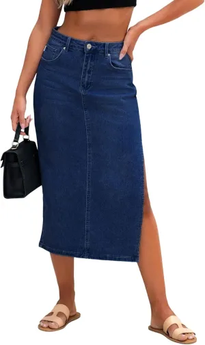Genleck Women Denim Maxi Skirt Casual High Waist Jean Skirts with Side Split 2025