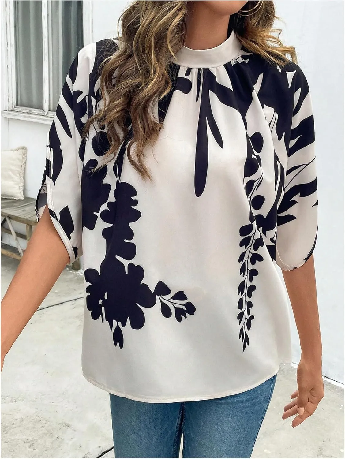 GORGLITTER Women's Mock Neck Dolman Short Sleeve Blouse Printed Dressy Tie Back Shirt Top