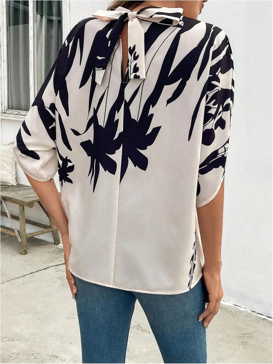 GORGLITTER Women's Mock Neck Dolman Short Sleeve Blouse Printed Dressy Tie Back Shirt Top