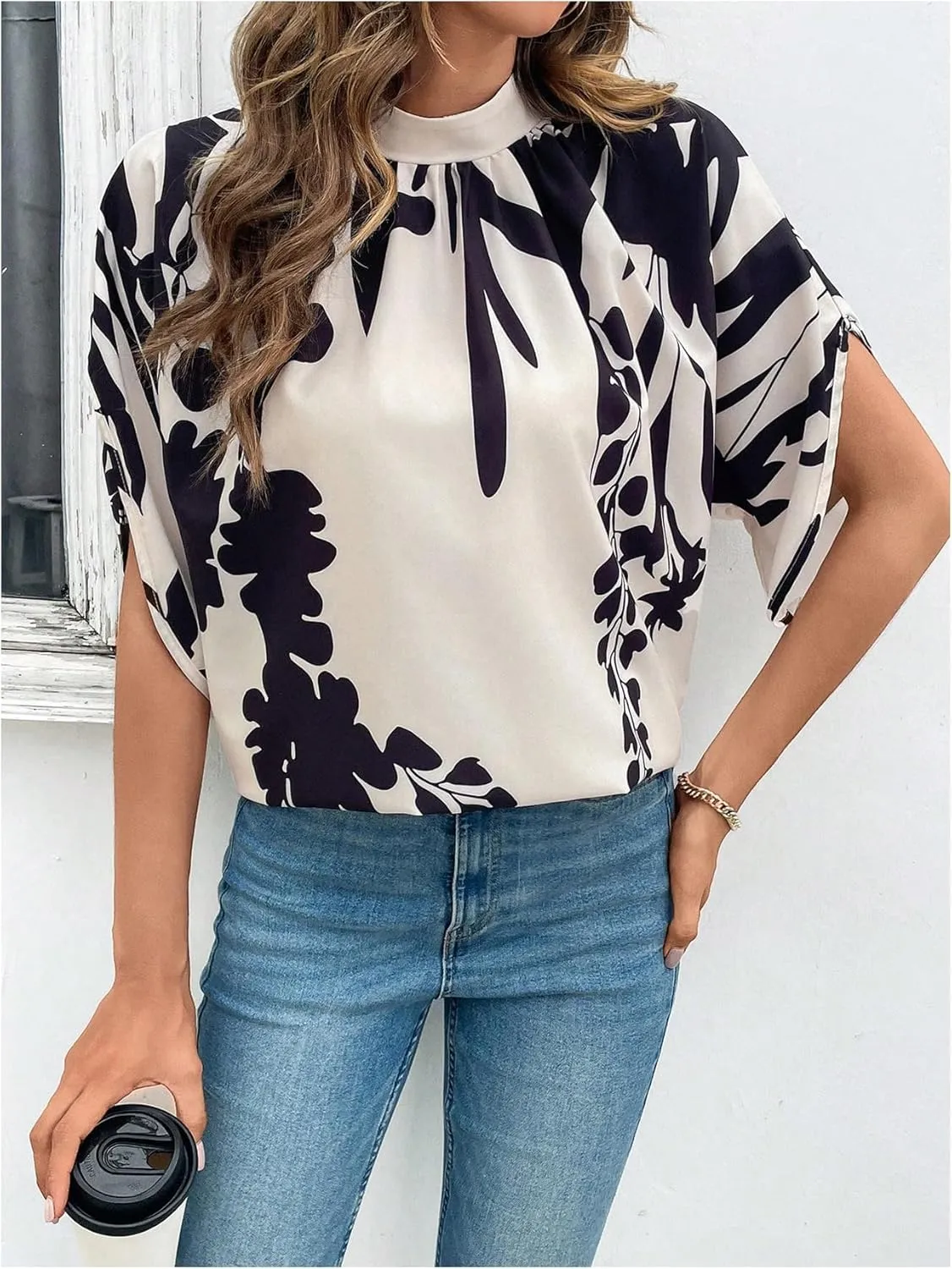 GORGLITTER Women's Mock Neck Dolman Short Sleeve Blouse Printed Dressy Tie Back Shirt Top