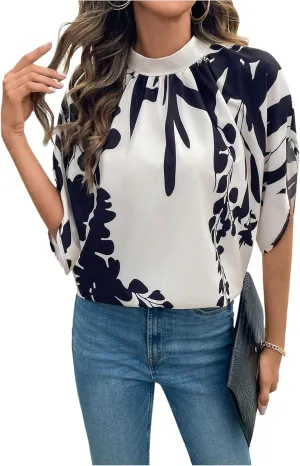 GORGLITTER Women's Mock Neck Dolman Short Sleeve Blouse Printed Dressy Tie Back Shirt Top
