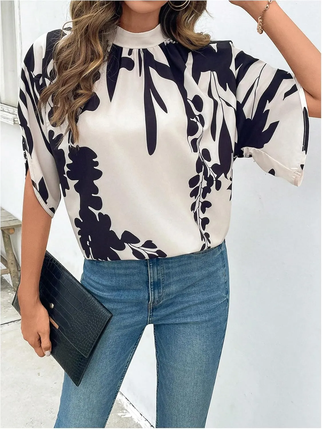 GORGLITTER Women's Mock Neck Dolman Short Sleeve Blouse Printed Dressy Tie Back Shirt Top