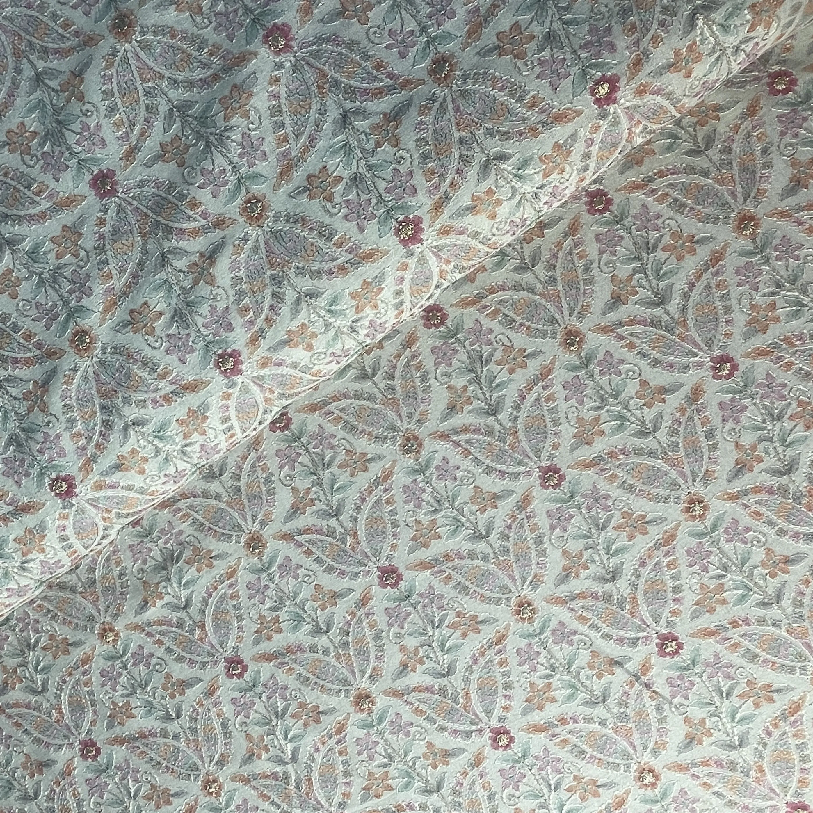 Grey Hand Embroidery Pure Silk Fabric 19209