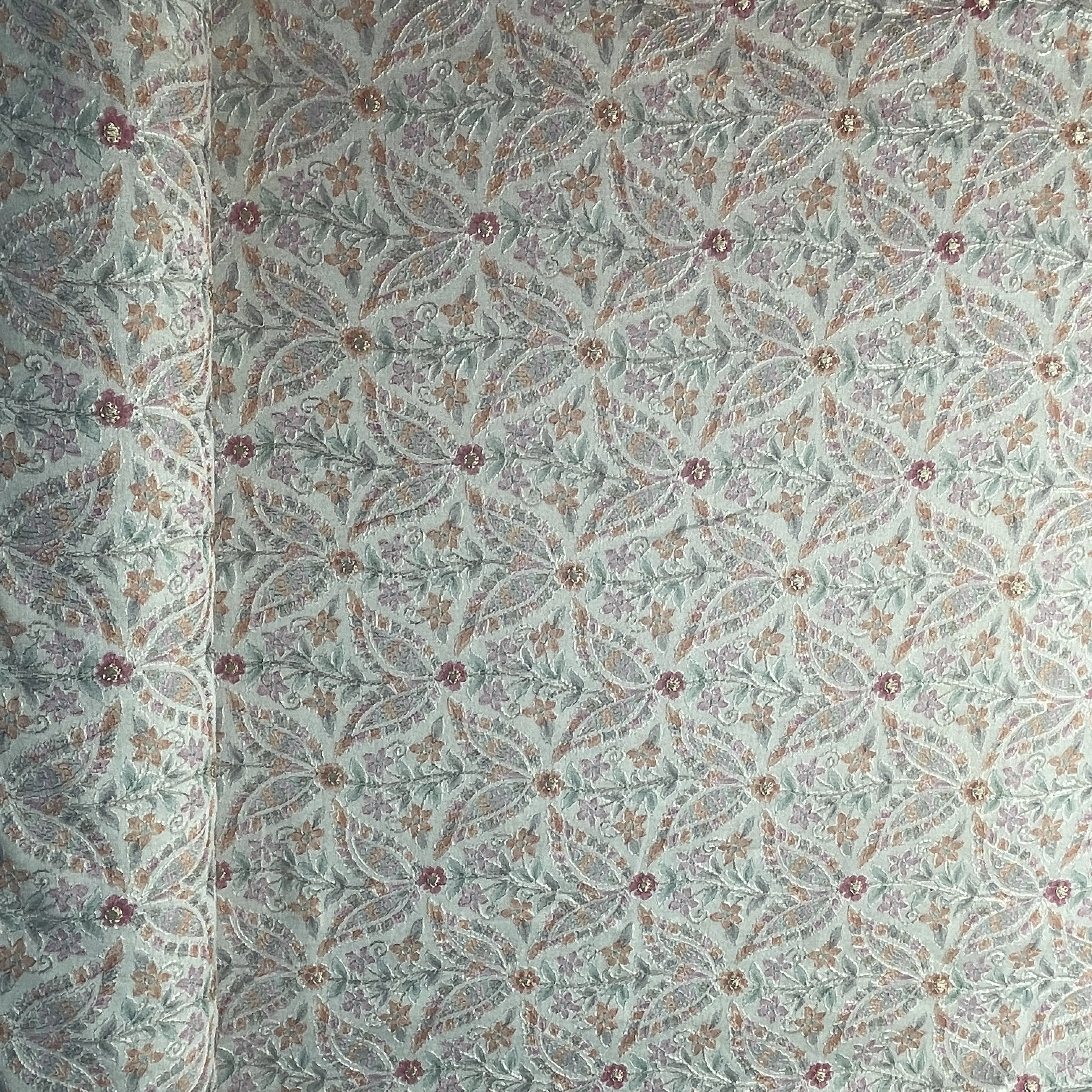 Grey Hand Embroidery Pure Silk Fabric 19209