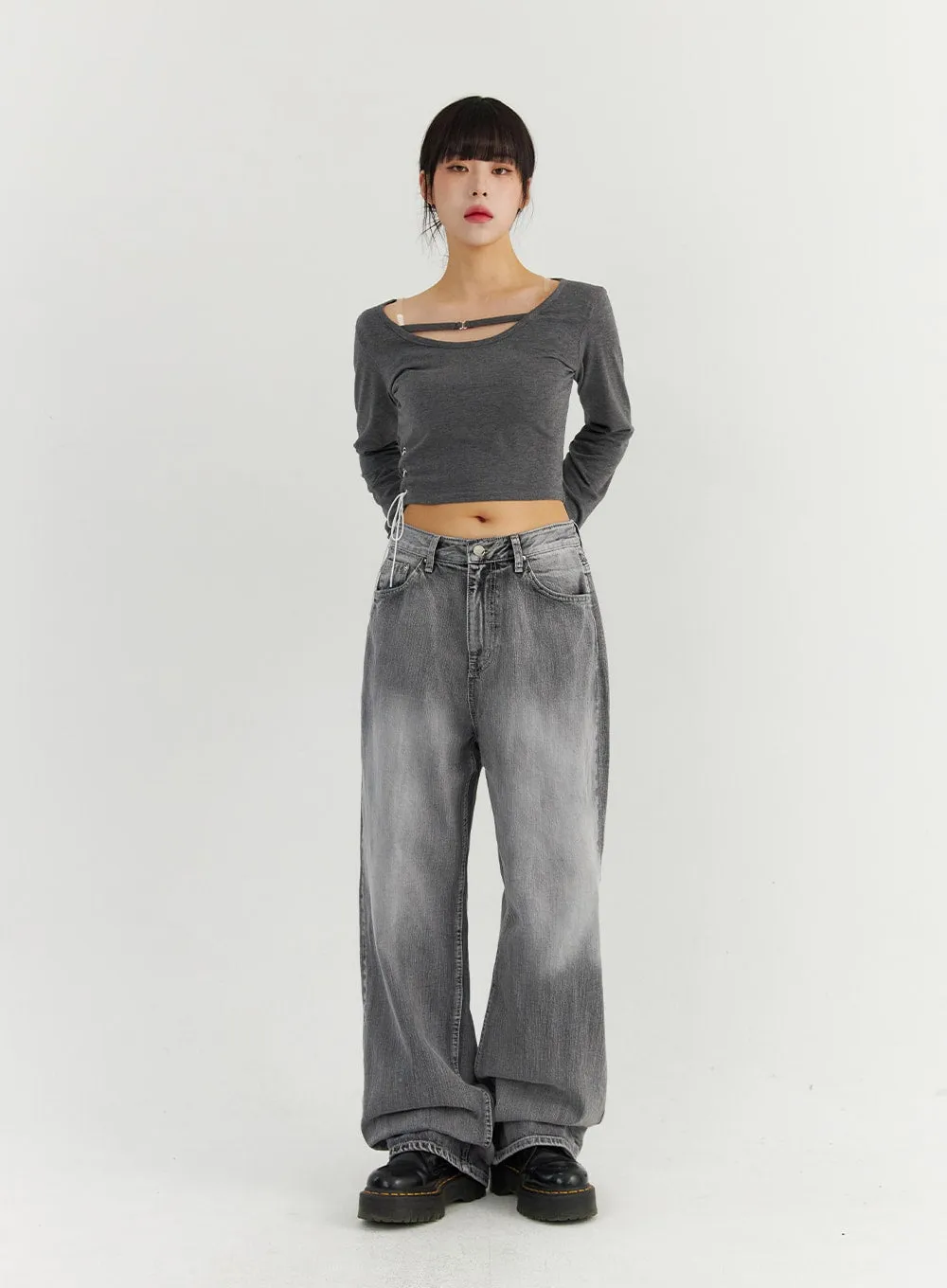 Grey Washed Wide Leg Jeans CO323